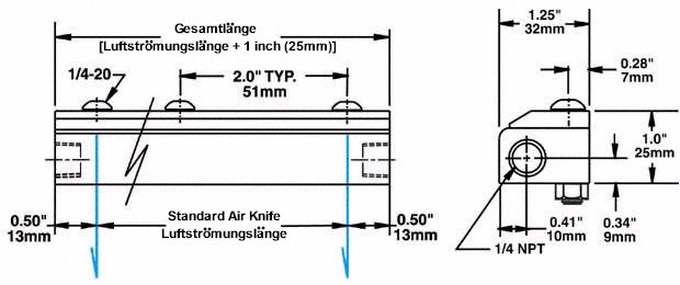Stainless Steel Standard Air Knife Dimensions