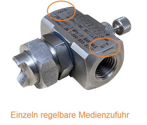 Außenmischende Zerstäuberdüse aus Edelstahl. Hervorgehoben sind die Druckluft- und Flüssigkeitzufuhr, die sich jeweils individuell regeln lassen und daher von Vorteil sind.