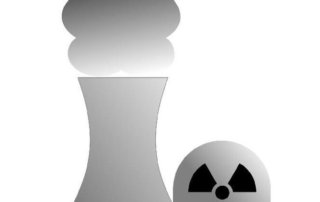 Grafische Darstellung eines Atomkraftwerks mit Kühlturm und Gefahrensymbol.
