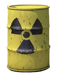 Gelbes Spundfass mit radioaktiver Kennzeichnung für den Transport von Atommüll.