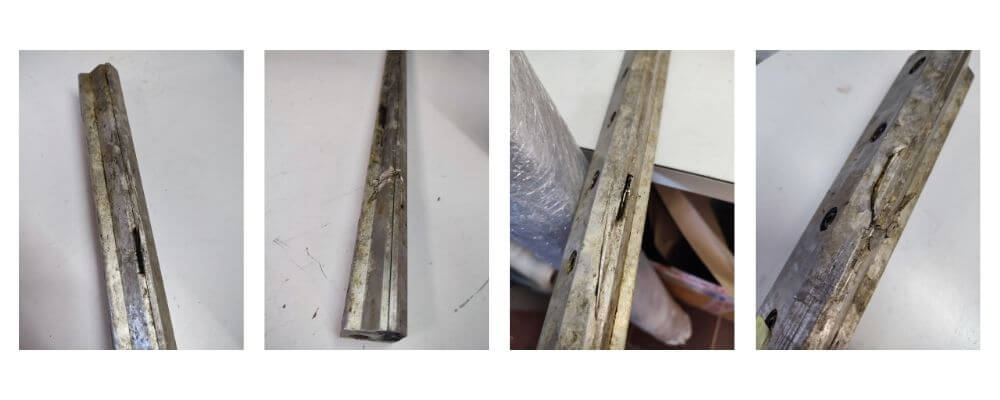Bilder eines verschmutzten und defekten Super Air Knifes aus Aluminium. Man kann Risse und Löcher erkennen.